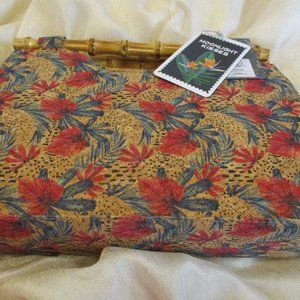 NWT Haute Hippie Floral Cork Handbag Bamboo Top Handle Purse Vegan Chic Boho Bag